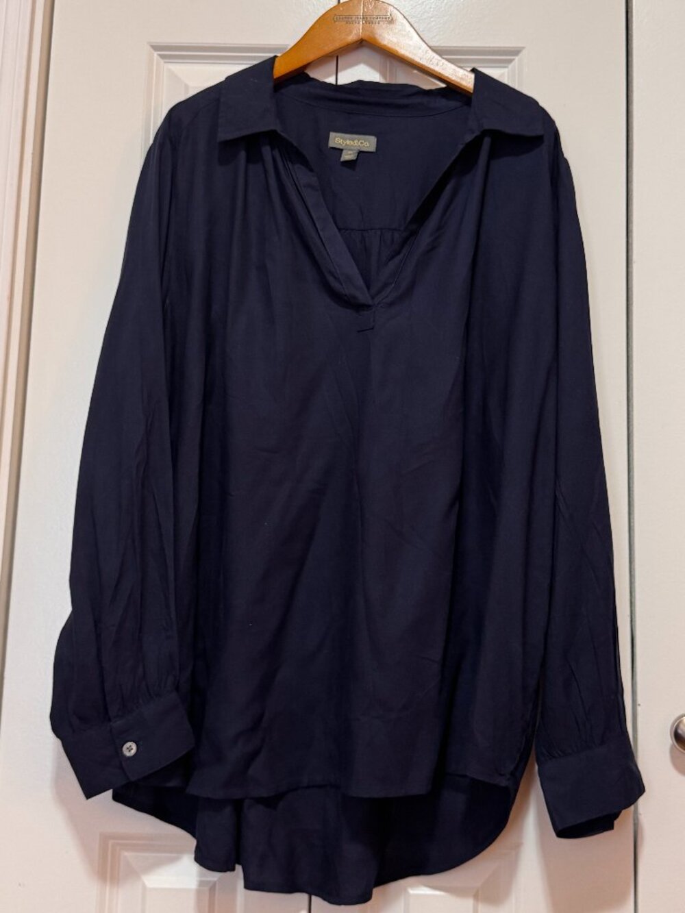 Style & Co 2X Navy Blue Rayon Popover Blouse Long Sleeve Collared Tunic